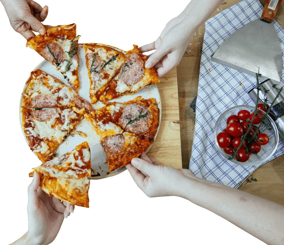 4 people grabbing their slices of ET's Pizza